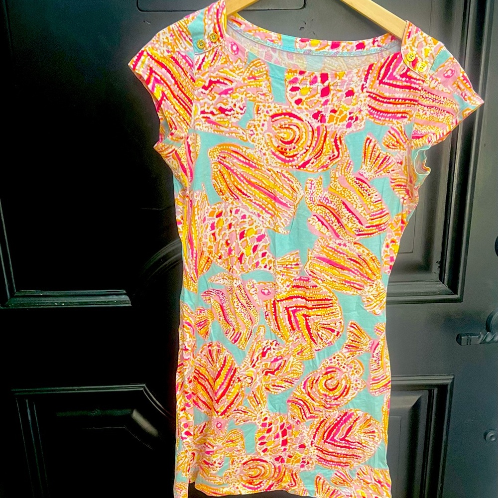 Lilly Pulitzer Coral Cotton Short Sleeve Dress Aqua/Pink Small